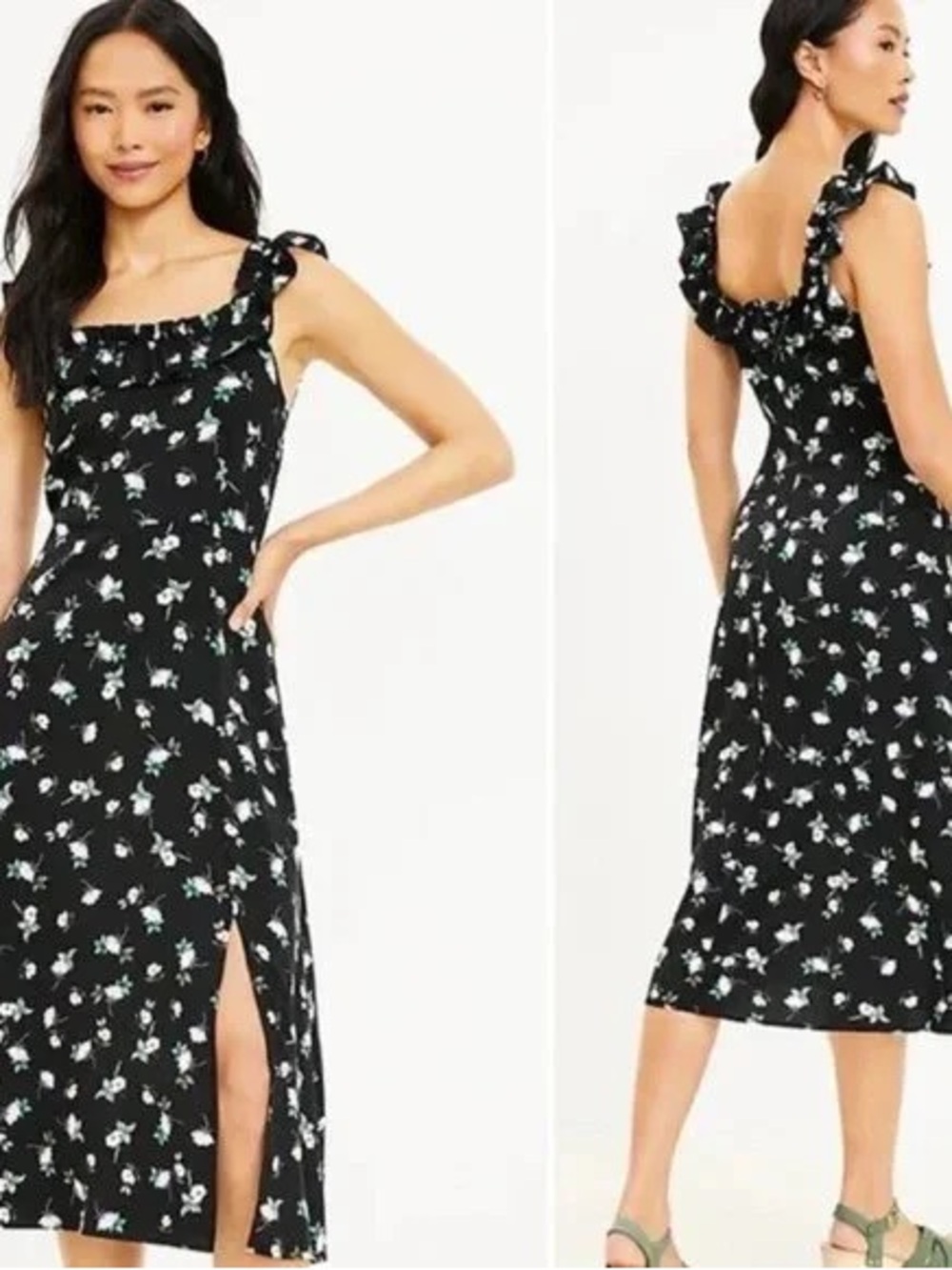 LOFT Black Maxi Dress with White and Green Floral Print